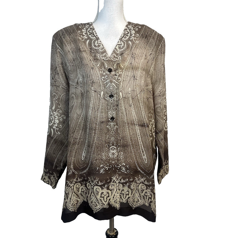 Nygard Collection Blouse Tunic size 14 Brown Paisley Sheer Career Church Modest